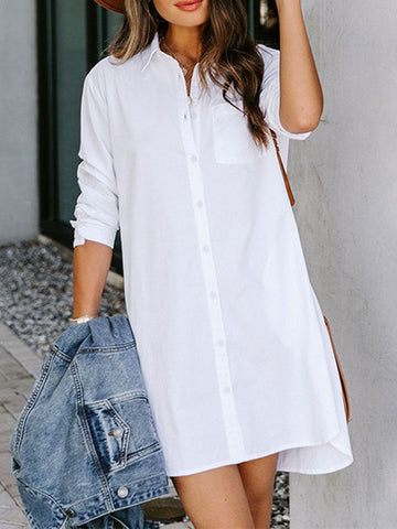 Woochic mi-longue blouse robe coton boutonnage avec poches manches longues femme casual Blanche S